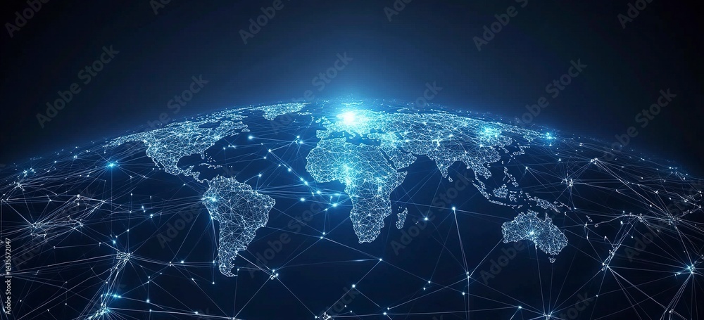 Poster abstract blue background with a world map and global network connection technology. digital illustra
