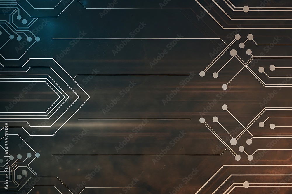 Poster abstract copper circuit board traces with connecting nodes on a dark background, depicting a modern 