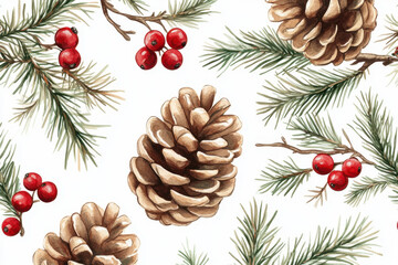 Fototapeta premium Watercolor Christmas seamless pattern featuring festive elements like pine trees, snowflakes, and ornaments. Perfect for holiday decorations and crafts.