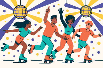Group of people are rollerblading and one of them is pointing