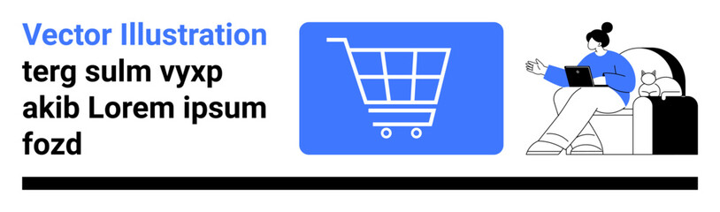 Digital shopping cart icon next to a woman working on a laptop while sitting on a couch. Ideal for e-commerce, remote work, online retail, technology, convenience, modern lifestyle, simple landing