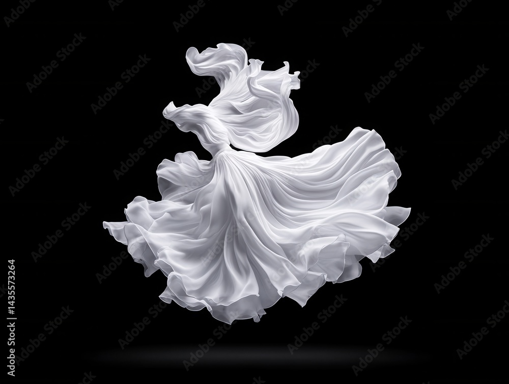 Poster white fabric swirls elegantly against a black background, creating a dynamic and artistic visual