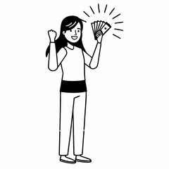 young woman smiling and clenched fist while holding money