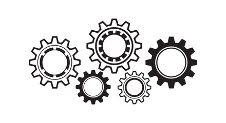Set of gear icons in line art for industrial and technical illustrations.