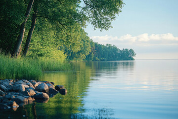 Naklejka premium Lake with rocks and trees in the foreground, reflecting a vibrant sunset sky, creating a serene and picturesque natural scene.