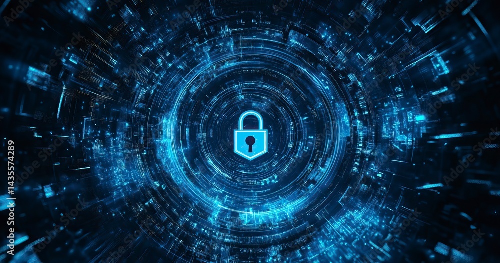 Poster abstract digital security background with a padlock symbol and a blue circular pattern, a vector ill