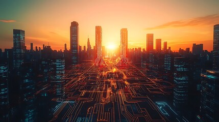 Sunrise over a futuristic cityscape network.