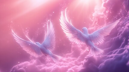 Sweet 3D white spirits with shimmering wings flying through a soft pink and purple sky with glowing trails