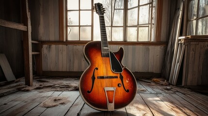A beautiful sunburst guitar stands in a dilapidated room
