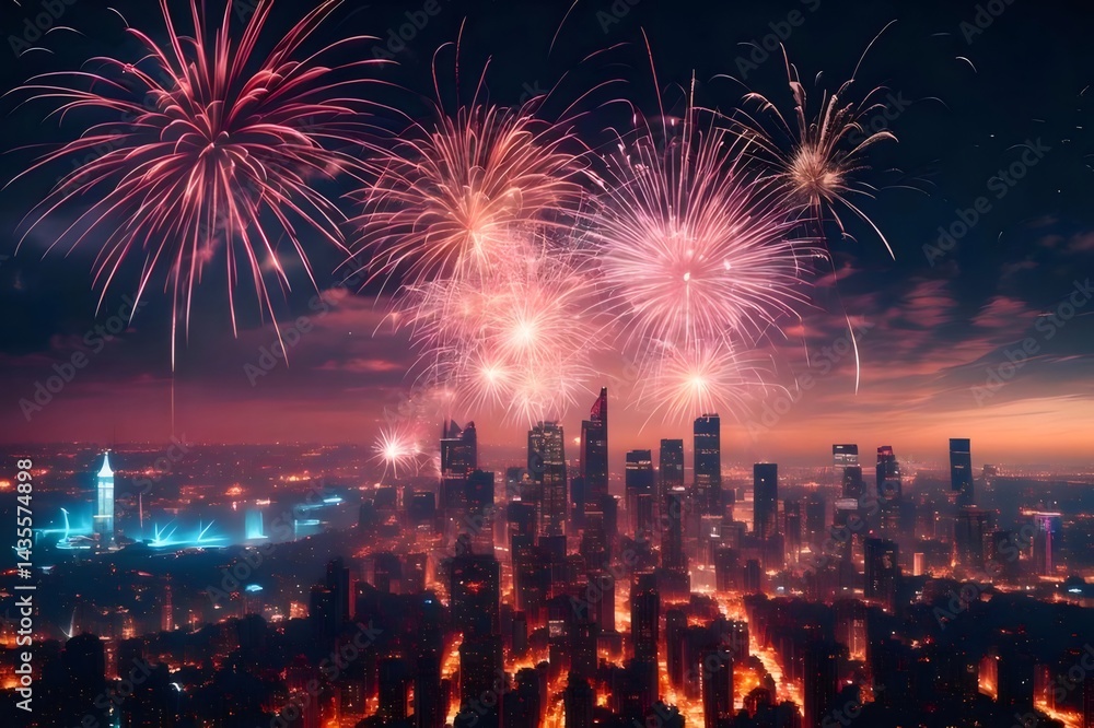 Aufkleber 夜空に輝く花火 都市のシルエットとカラフルな爆発の祝祭シーン