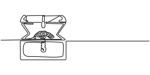 Treasure chest in continuous one line art style. Simple vector illustration, Open empty treasure chest one line continuous. Line art chest. Vector illustration, Treasure chest one line continuous.    