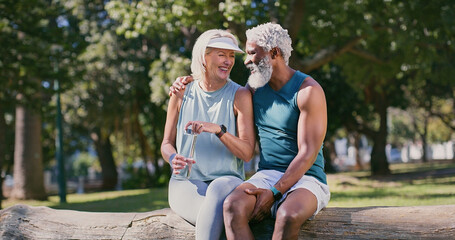 Happy, hug and mature couple on break, fitness and relax in summer, exercise and bonding of people....
