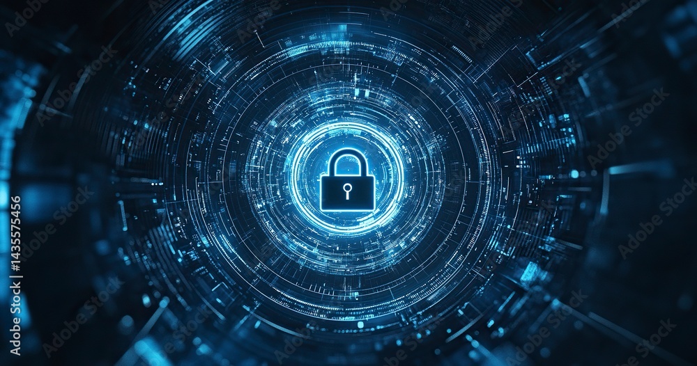 Poster abstract digital security background with a padlock symbol and a blue circular pattern, a vector ill