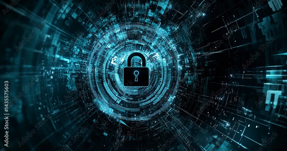 Poster abstract digital security background with a padlock symbol and a blue circular pattern, a vector ill