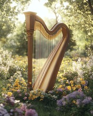 A serene harp amidst blooming flowers.