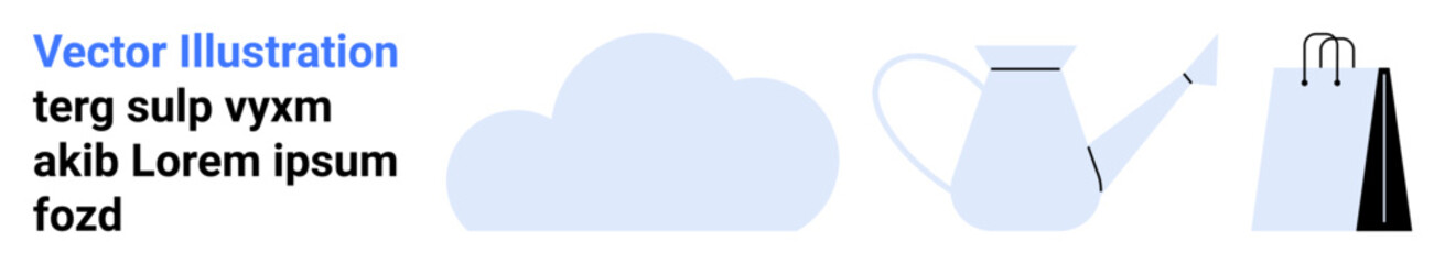 Cloud, watering can, and shopping bag in minimal design reflecting eco-consciousness and nature themes. Ideal for sustainability, environment, gardening, shopping, clouds, weather and simple landing