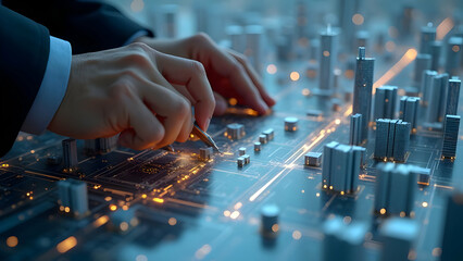 Hand Adjusts Lighting in 3D City Model, Interface Sliders and Shadows