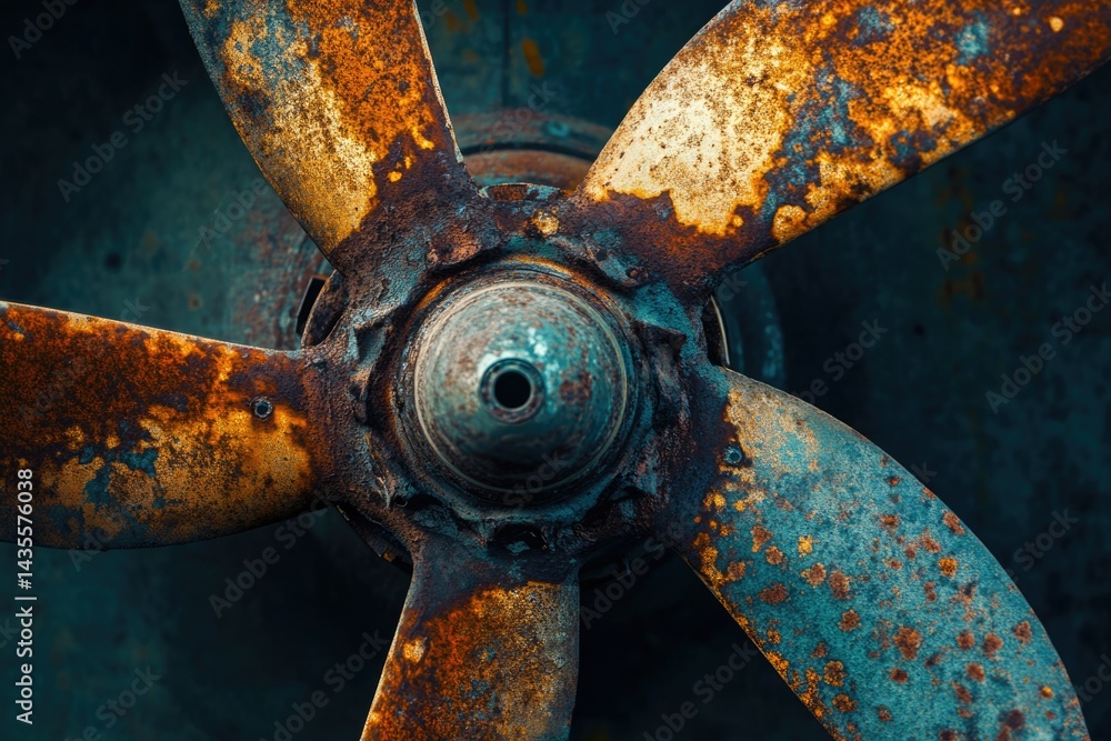 Poster a close-up of a rusty, old propeller, showing texture and age.