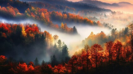 Naklejka premium A beautiful foggy forest filled with vibrant autumn colors everywhere