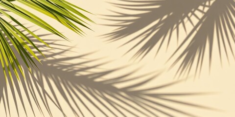 Long palm leaf shadows on beige sand background, leaves, summer texture