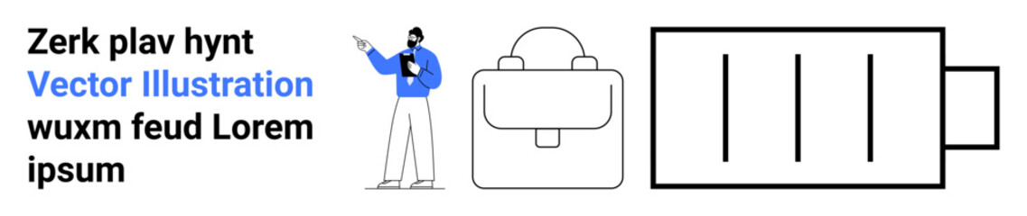 Man pointing at text with backpack and battery icons, combining learning, organization, and energy themes. Ideal for education, productivity, travel, technology, innovation energy simple landing