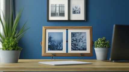 Fototapeta premium Modern dual picture frame display on a wooden desk.