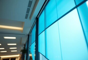 Low angle of modern blue roller blinds in glass office building interior, texture, interior