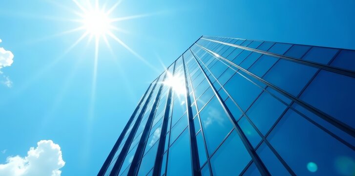 Looking up at a modern skyscraper towering overhead with clear blue sky in background, high rise, architecture - Powered by Adobe