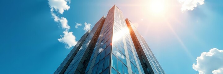 Obraz premium Low angle view of contemporary high-rise building under sunny sky, business district, financial