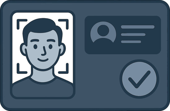 Vector illustration of a digital ID verification screen with selfie scan, ID card preview, and approval icon. Secure and modern style, no text, transparent background.