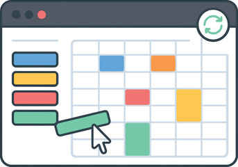 Vector illustration of a calendar planning app with color-coded events, drag-and-drop tasks, and sync status. Organized UI, vibrant schedule view, no text, transparent background.