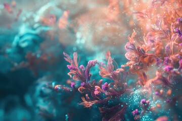 Obraz premium Abstract underwater scene with vibrant coral and teal water, glittering particles.