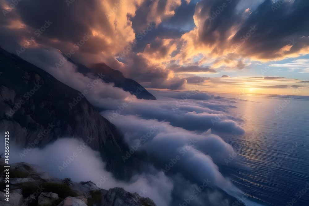 Aufkleber 夕焼け時の雲海に浮かぶ山々の風景 海と空の美しいコントラスト 幻想的な光景