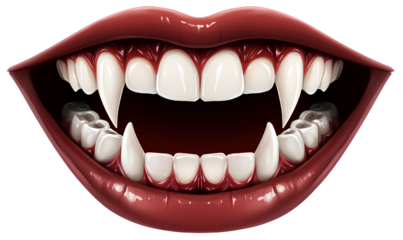  A realistic photo of a mouth with vampire teeth wit a  transparent background