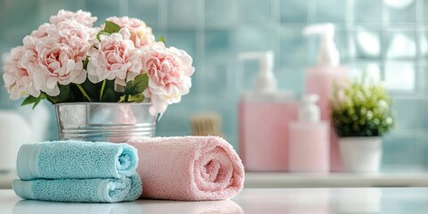 Home organization and cleaning theme with mop and bucket on glossy tiles