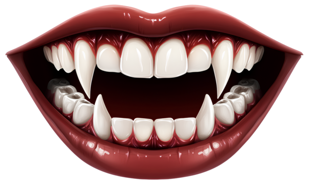  A realistic photo of a mouth with vampire teeth wit a  transparent background