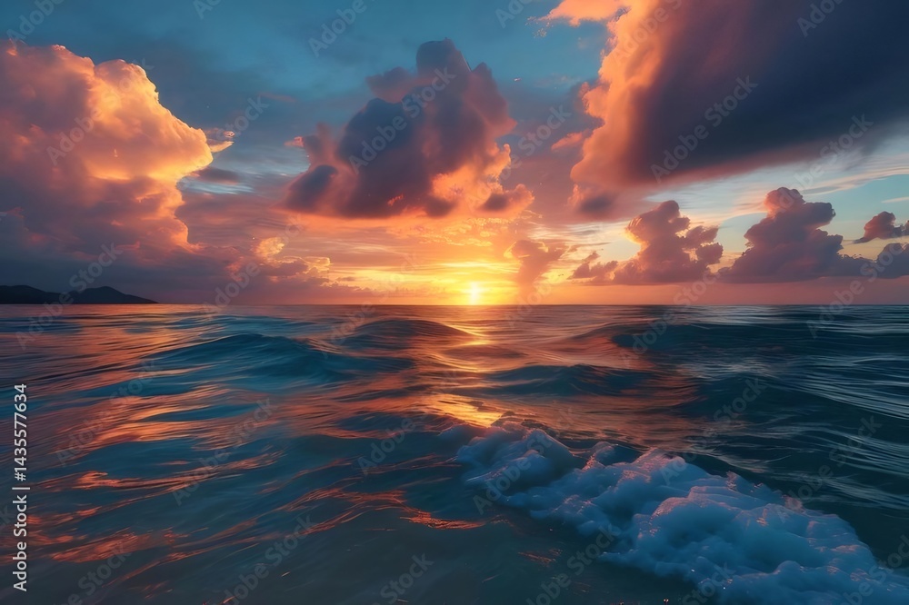 Aufkleber 夕焼け時の海と空 オレンジ色の夕日と雲 海面に反射する光 青い波が穏やかに打ち寄せる風景
