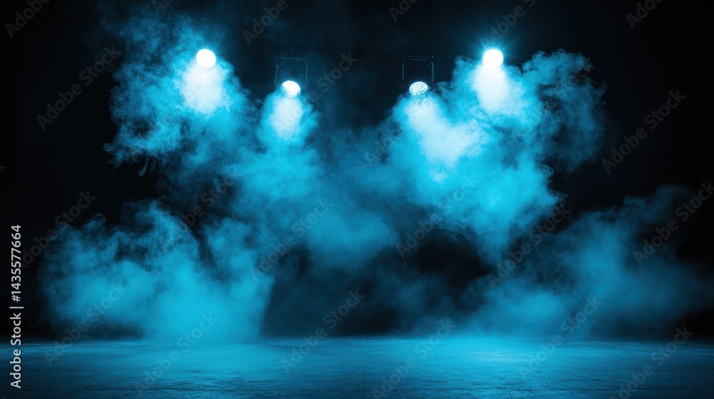 Poster a mysterious indigo mist rises from the ground illuminated by spotlights creating an ethereal stage 