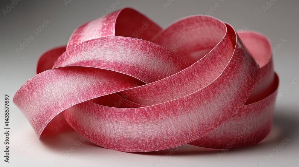 Poster curled pink ribbon with a textured pattern, artistically arranged on a soft gray background