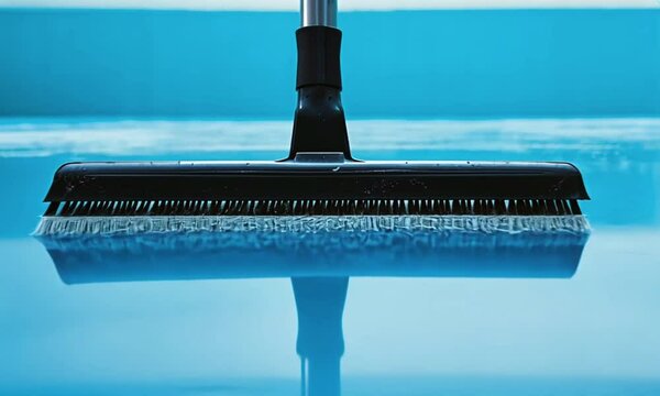 A pool brush cleaning the water surface reflects a tranquil blue.