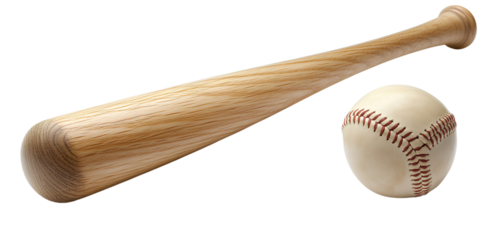 Wooden baseball bat and ball isolated on a transparent background