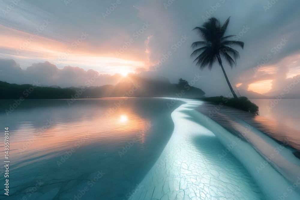 Poster 夕焼けの海とヤシの木の島の風景 穏やかな水面に太陽光が反射 雲が空に広がり美しい自然の景色