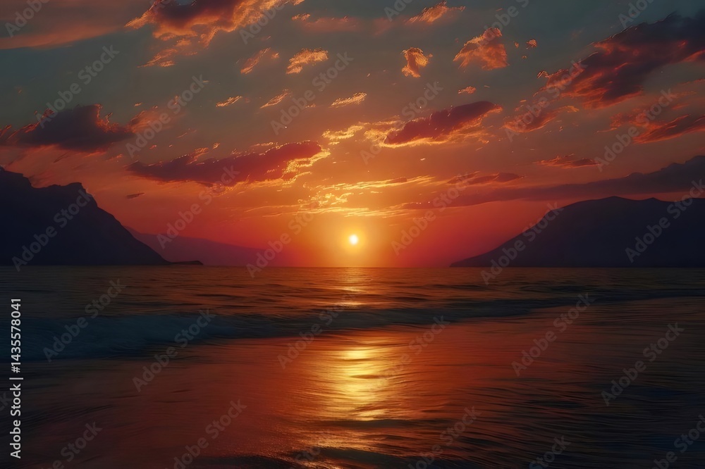 Aufkleber 海岸の夕焼け空と太陽の光が水面に反射する美しい風景