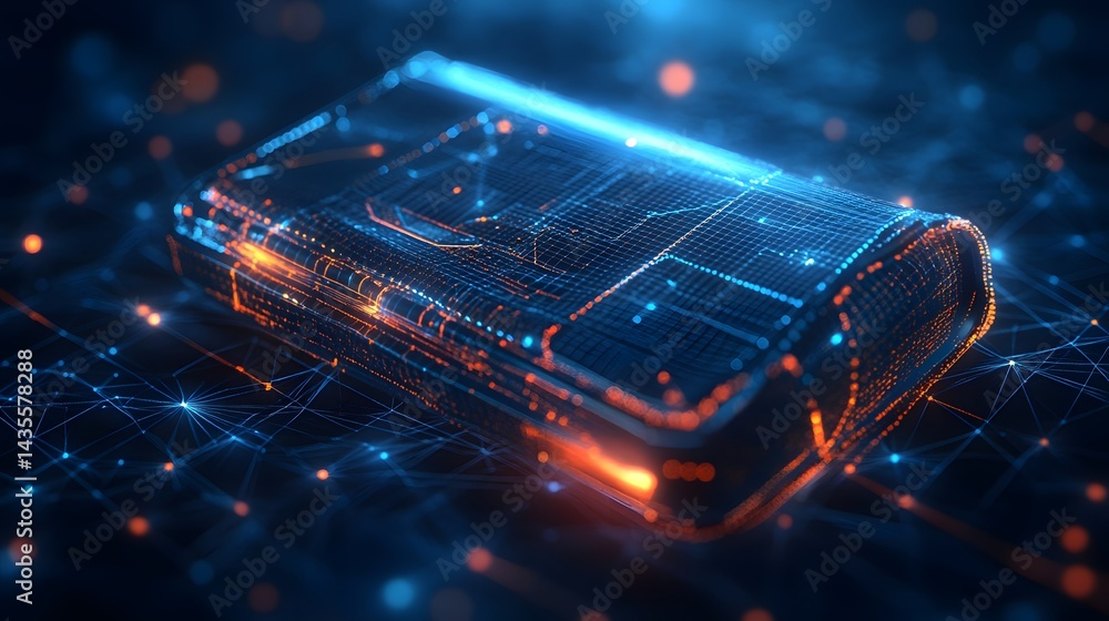 Aufkleber Futuristic smartphone concept with glowing blue circuitry and orange highlights. Intricate grid patterns suggest advanced data processing, a tech-driven device. Abstract wireframe in dark blue.