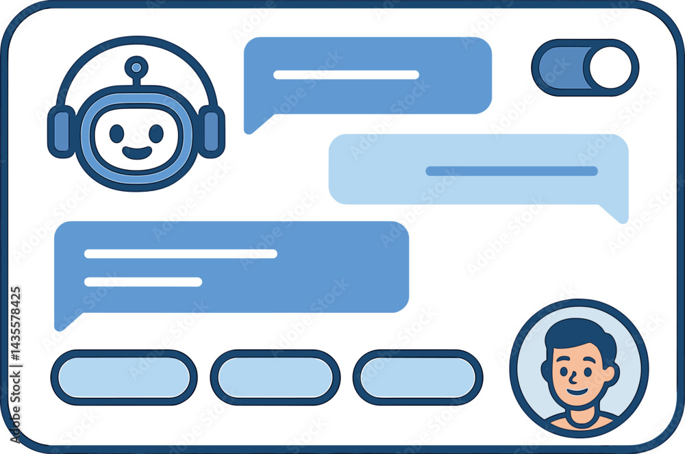 Poster vector illustration of a chatbot assistant ui with conversation window, quick replies, settings togg