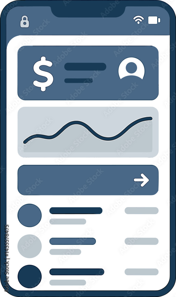 Poster vector illustration of a mobile banking interface with account overview, recent transactions, transf