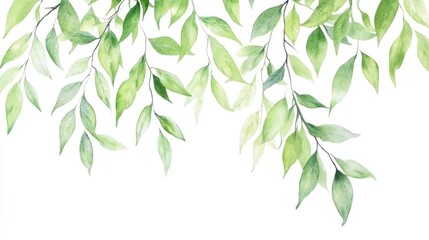 Obraz premium delicate watercolor depiction showcasing fresh green foliage gracefully arching from the top edges against a pristine white backdrop evoking freshness and natural elegance perfect for backgrounds