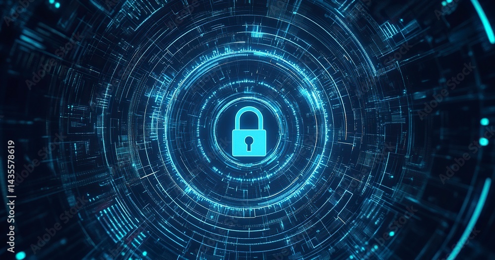Poster abstract digital security background with a padlock symbol and a blue circular pattern, a vector ill
