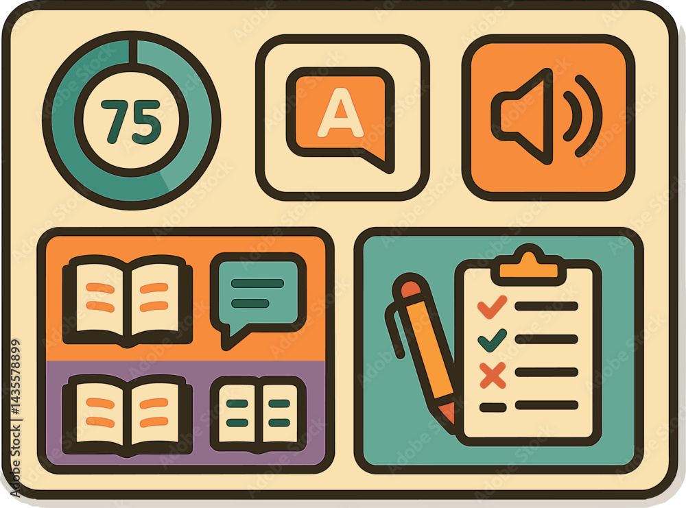Poster vector illustration of a language course dashboard with unit tiles, progress ring, pronunciation but