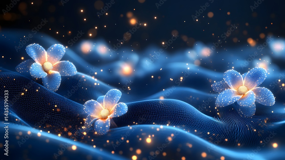 Poster ethereal blue wireframe flowers with gold centers against undulating mesh waves create a futuristic,